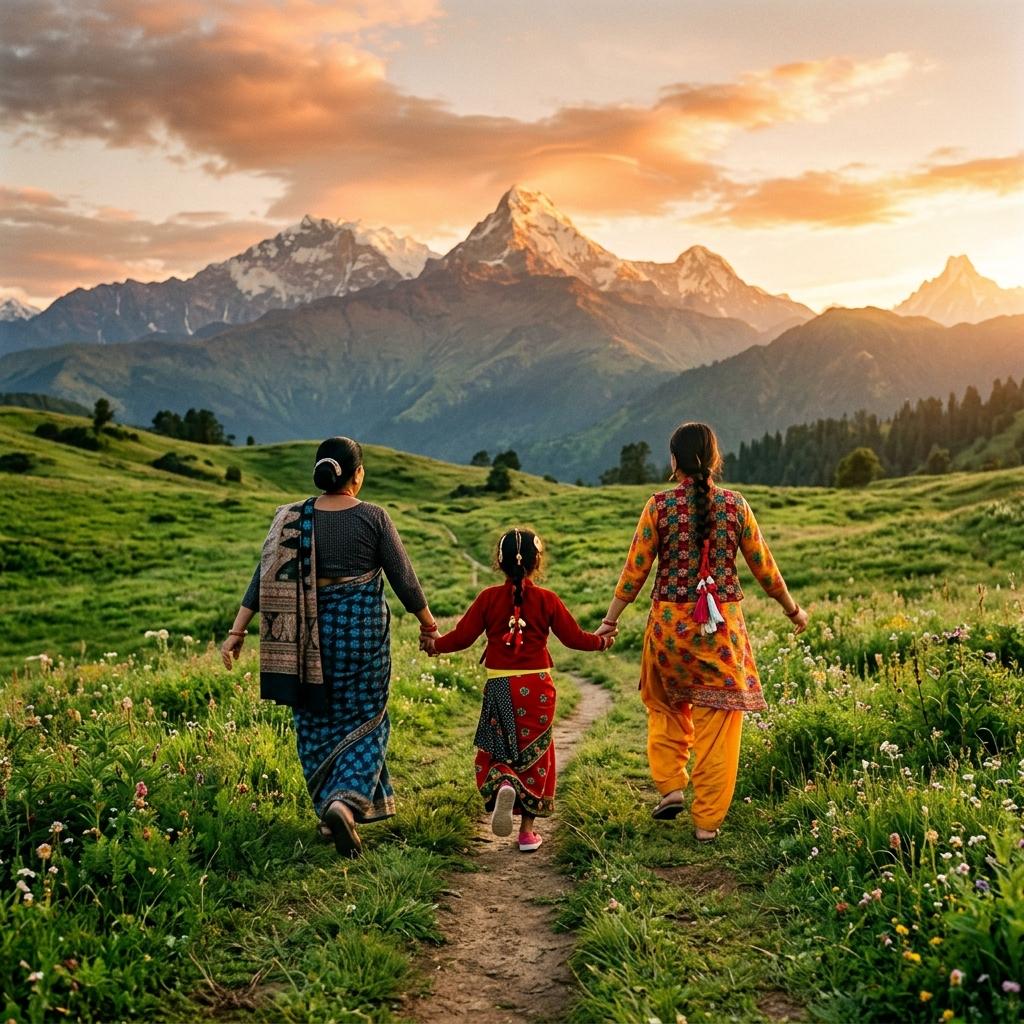 Three generations of Nepali women in traditional attire running through Himalayan meadows at sunset